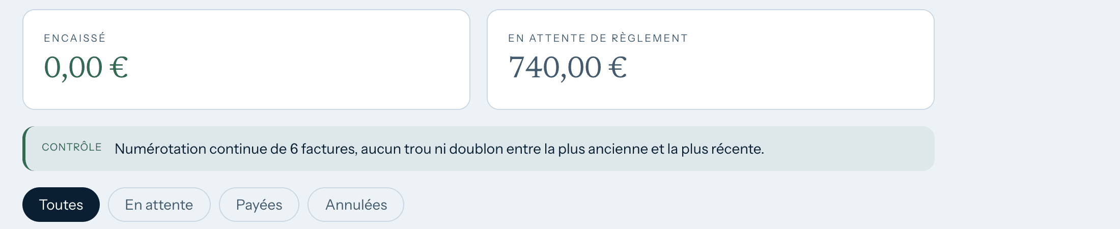 Les factures : l'encaissé, l'attente de règlement et le contrôle de numérotation continue.